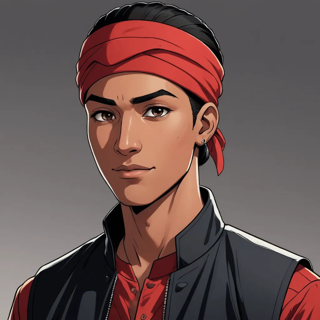 a man with a red bandana on his head and a black jacket on his shoulders and a red shirt on his chest, sots art, a character portrait, Cedric Seaut (Keos Masons), character portrait