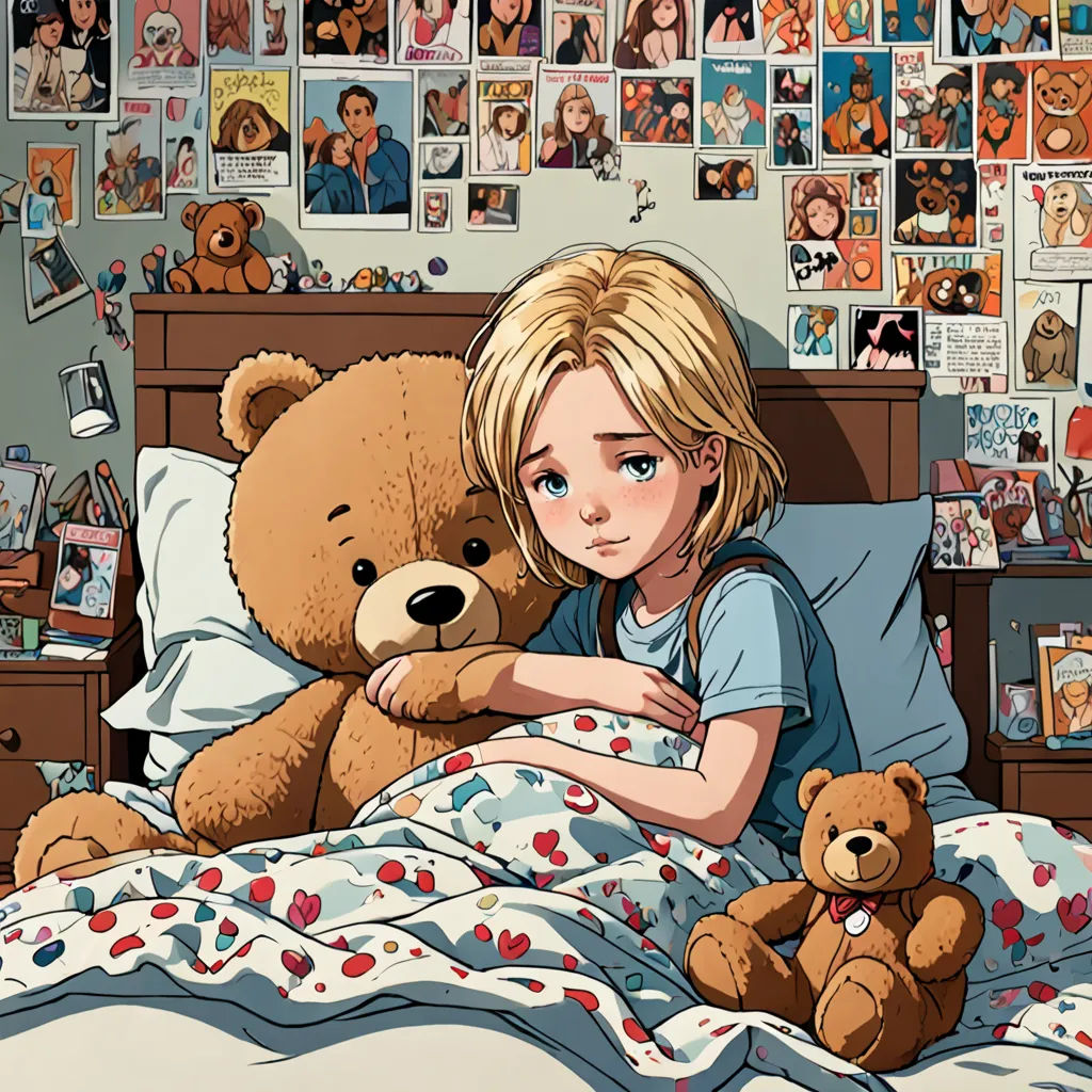 a girl laying in bed with a teddy bear next to her and a wall of pictures on the wall, hyperrealism, a storybook illustration, Diego Gisbert Llorens, comic cover art