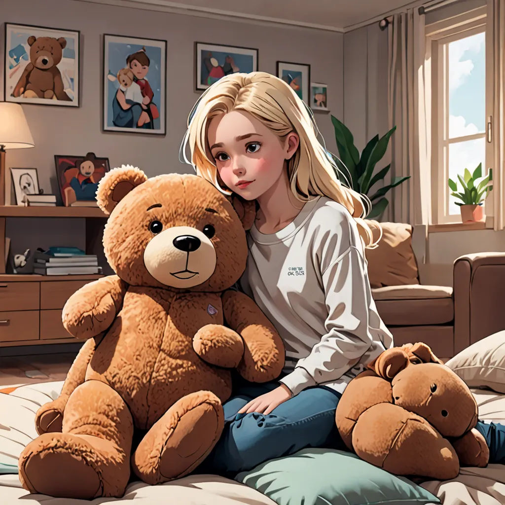 a woman sitting on a bed with a large teddy bear in her lap and a large teddy bear in her lap, hyperrealism, a photorealistic painting, Artgerm, cgstudio