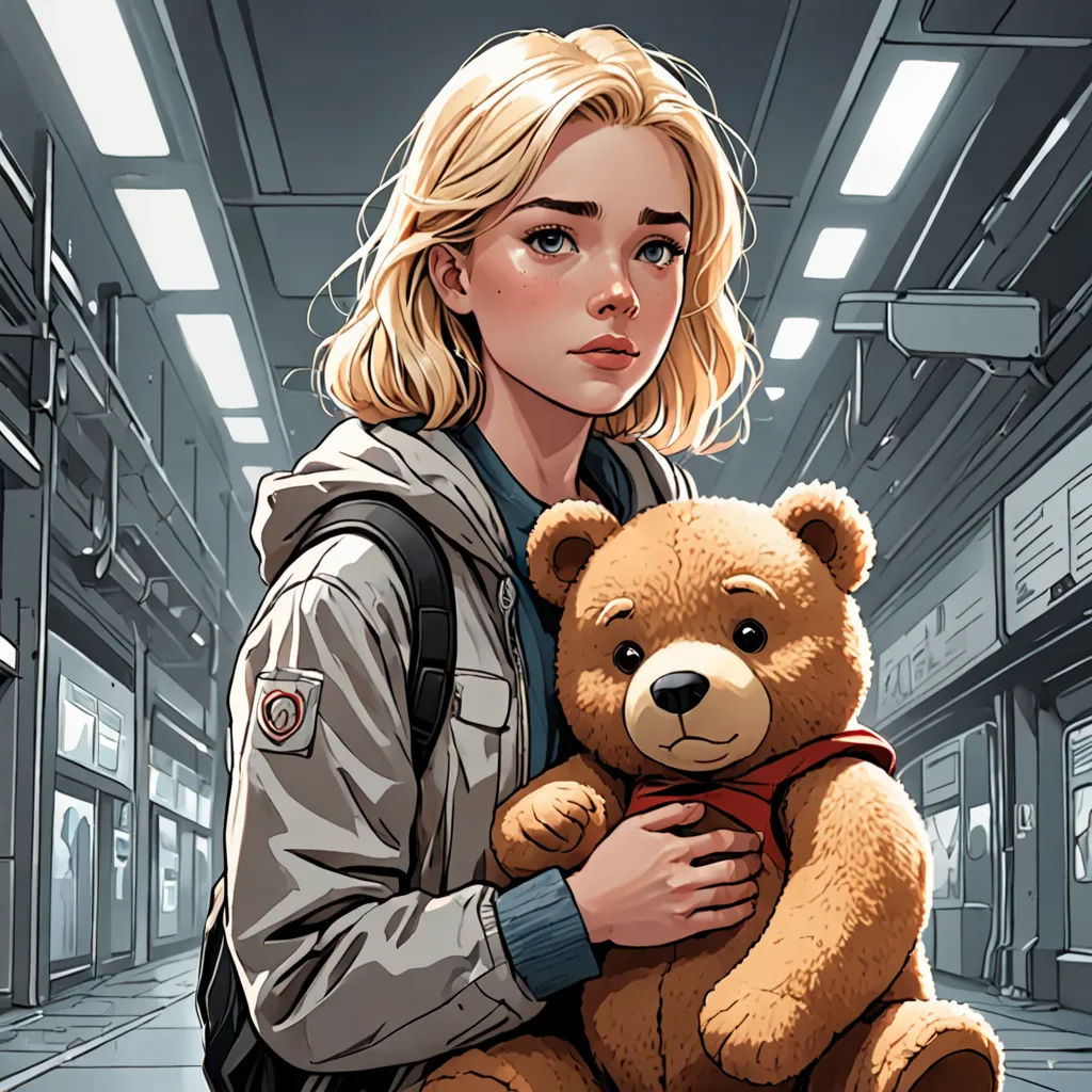 a woman holding a teddy bear in a hallway with a building in the background and a hallway with lights, serial art, a comic book panel, Charlie Bowater, comic cover art