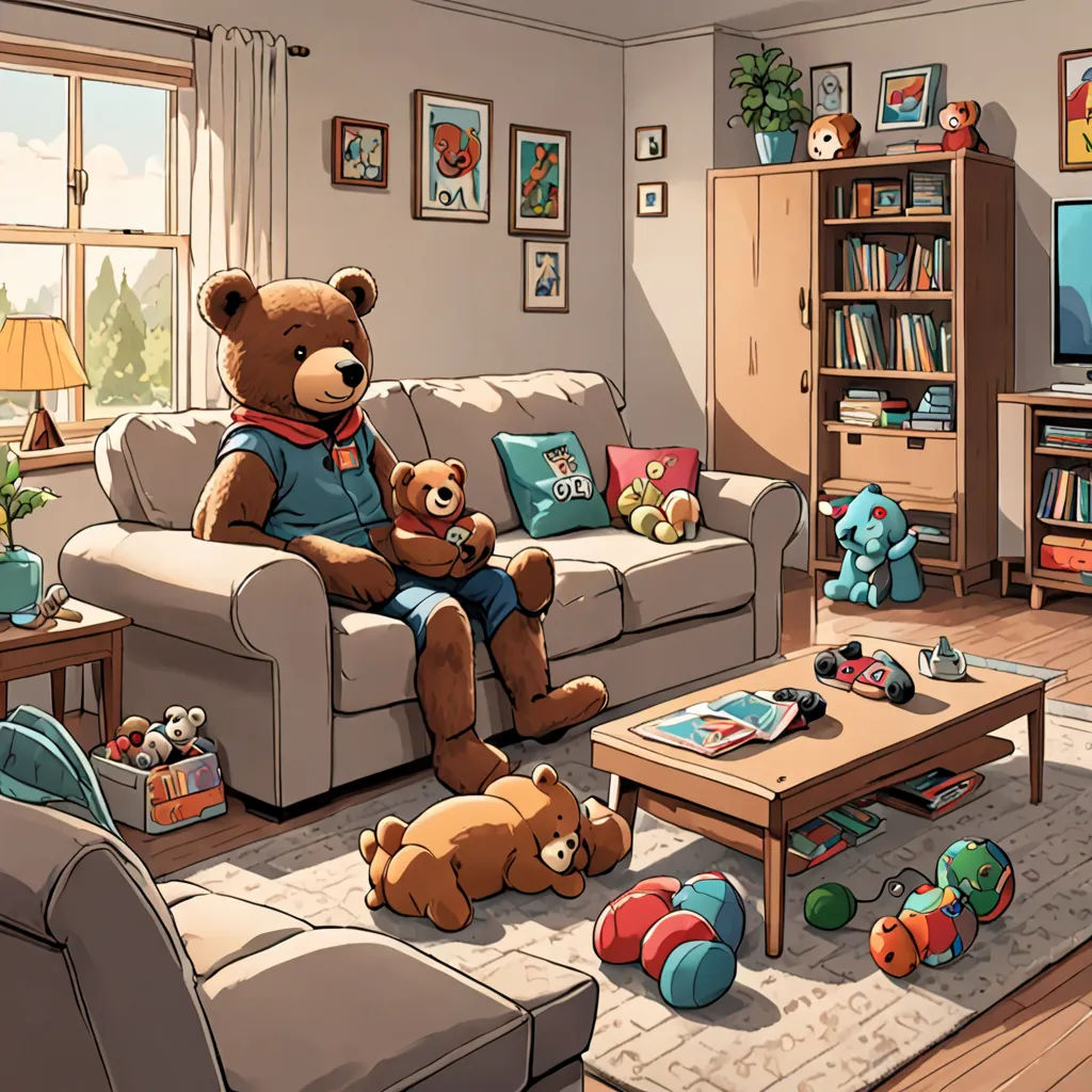a living room with a couch, coffee table, and a teddy bear sitting on the couch in front of a tv, furry art, a storybook illustration, Chris LaBrooy, official art
