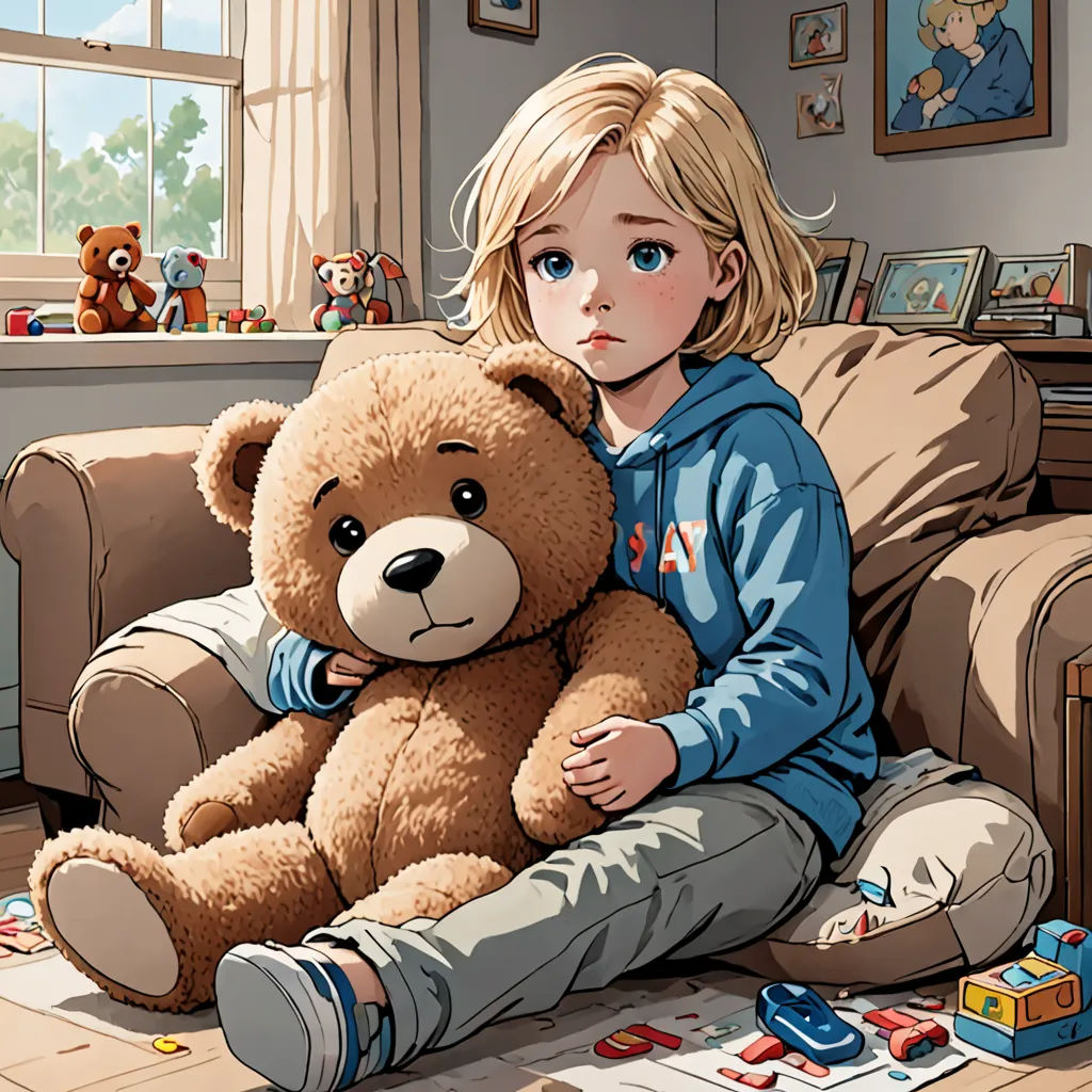 a little girl sitting on a couch with a teddy bear in her lap and a toy car in the background, hyperrealism, a comic book panel, Aaron Jasinski, official art