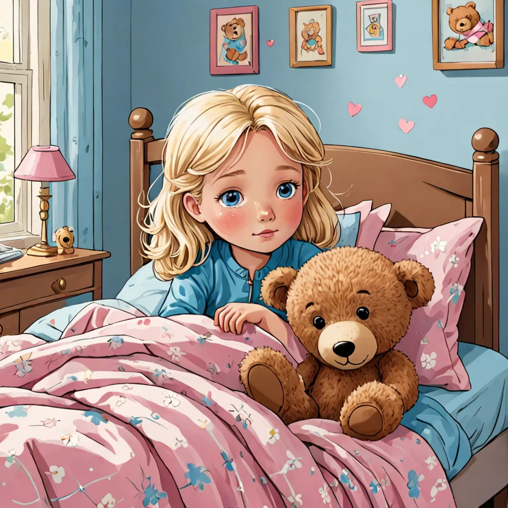 a little girl laying in bed with a teddy bear next to her on her bed spread and a pink comforter, photorealism, a storybook illustration, Clarice Beckett, storybook illustration