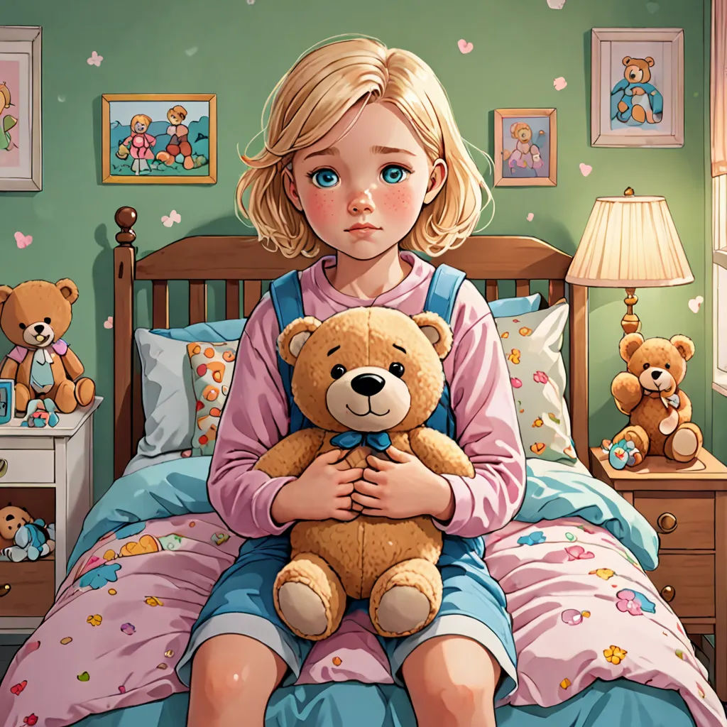 a painting of a girl sitting on a bed holding a teddy bear in her arms and a teddy bear on the bed, photorealism, a storybook illustration, Diego Gisbert Llorens, cgstudio