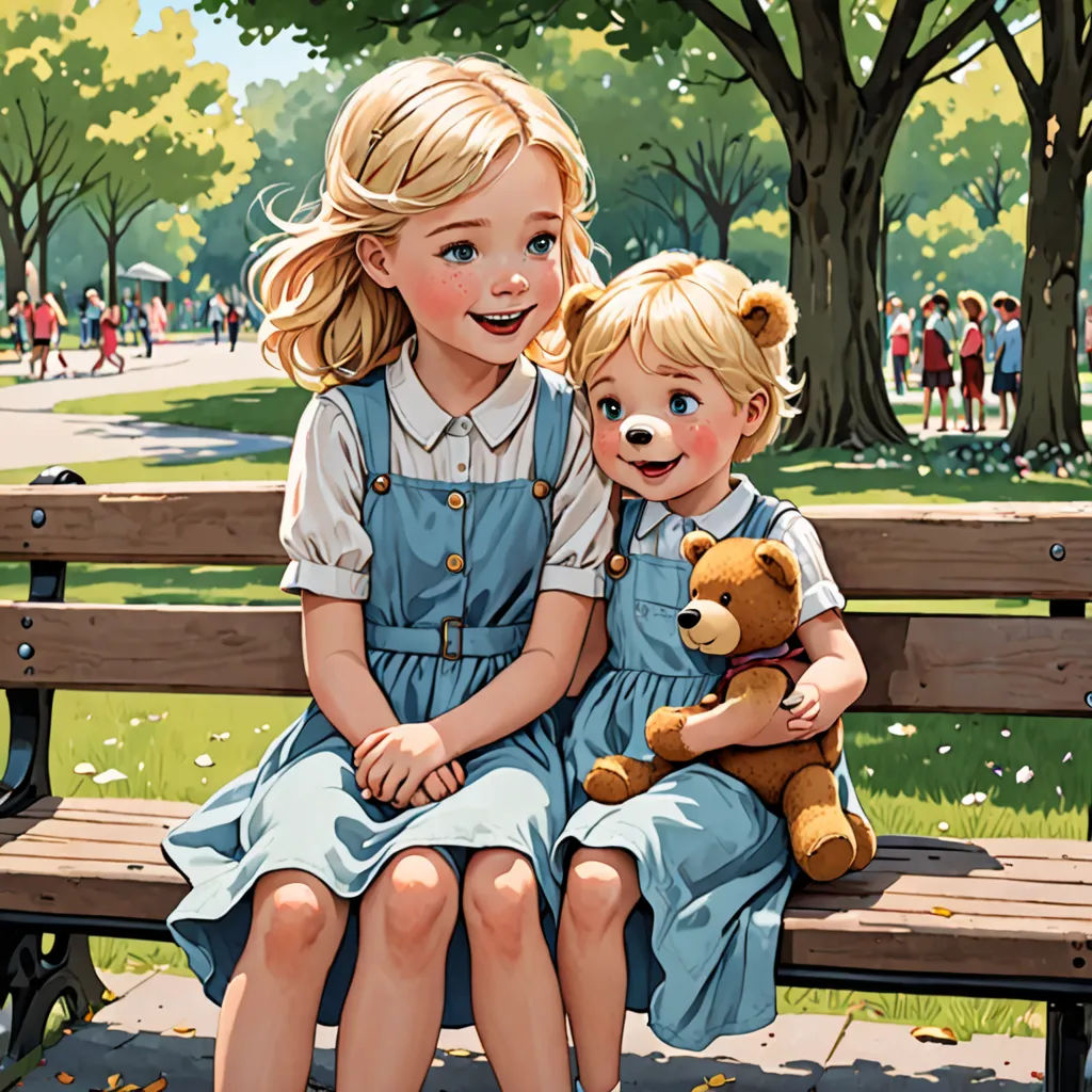 a painting of two children sitting on a bench with a teddy bear in their lap and people in the background, socialist realism, a storybook illustration, Bob Byerley, official art