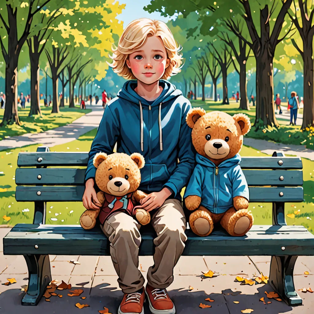 a painting of a boy sitting on a bench with two teddy bears in front of him and a woman sitting on the bench, serial art, a storybook illustration, Aaron Jasinski, official art
