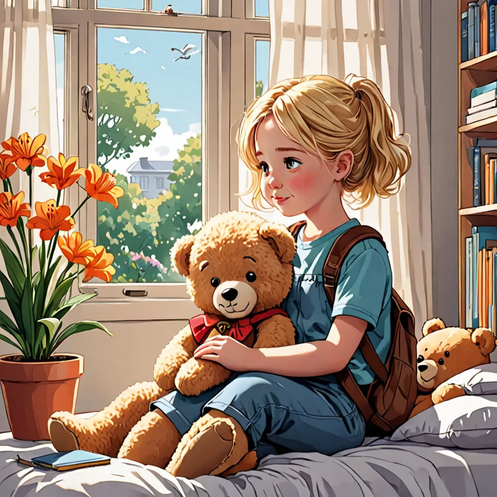 a girl sitting on a bed holding a teddy bear and a potted plant with orange flowers in front of her, fantasy art, a storybook illustration, artist, storybook illustration