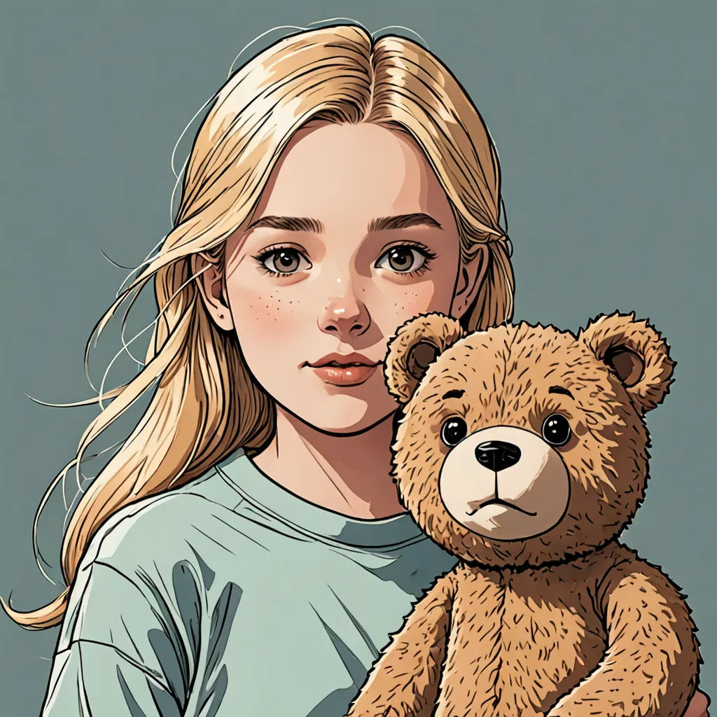 a girl holding a teddy bear in her hands and looking at the camera with a sad face on her face, hyperrealism, a character portrait, Drew Struzan, josan gonzales and dan mumford