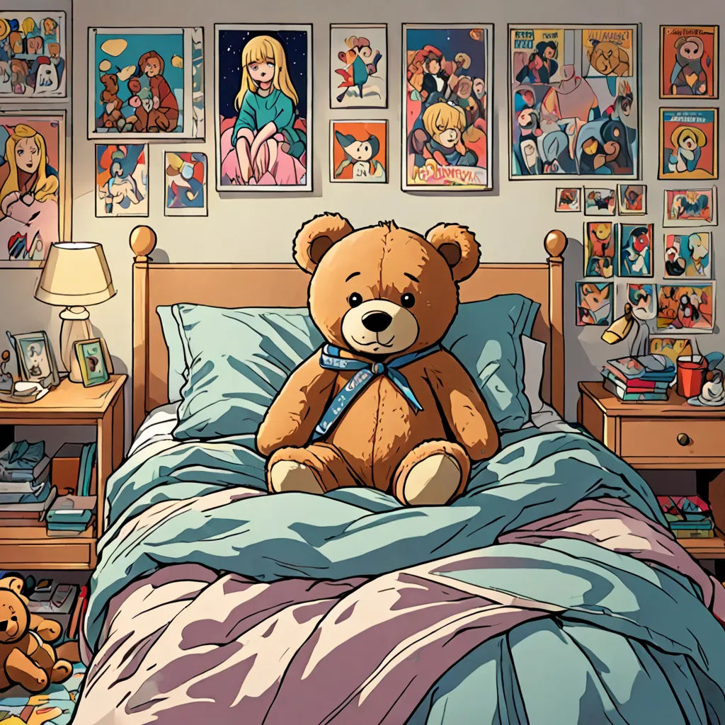 a teddy bear sitting on a bed in a bedroom with posters on the wall behind it and a lamp on the nightstand, furry art, a comic book panel, Chris LaBrooy, official art
