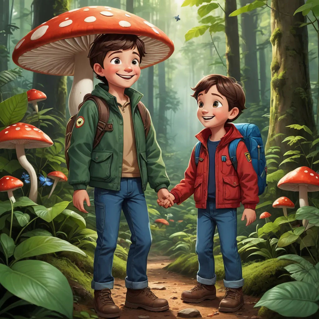 a boy and a boy are holding hands in the woods with mushrooms on the ground and a man is holding the hand of the boy, sots art, a storybook illustration, Diego Gisbert Llorens, official art
