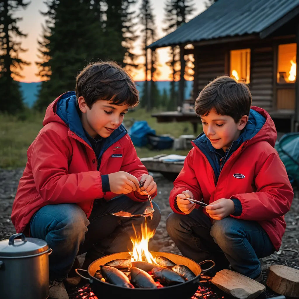 two boys sitting on a campfire cooking food over a fire pit at dusk with a campfire in the background, primitivism, a stock photo, Christian Hilfgott Brand, promotional image