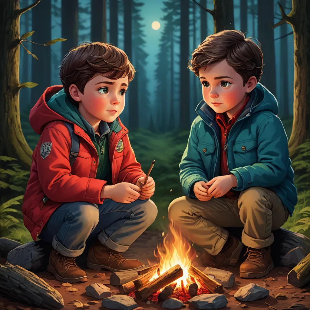 two boys sitting next to a campfire in the woods at night, one of them is writing something, sots art, a storybook illustration, Brothers Hildebrandt, key art