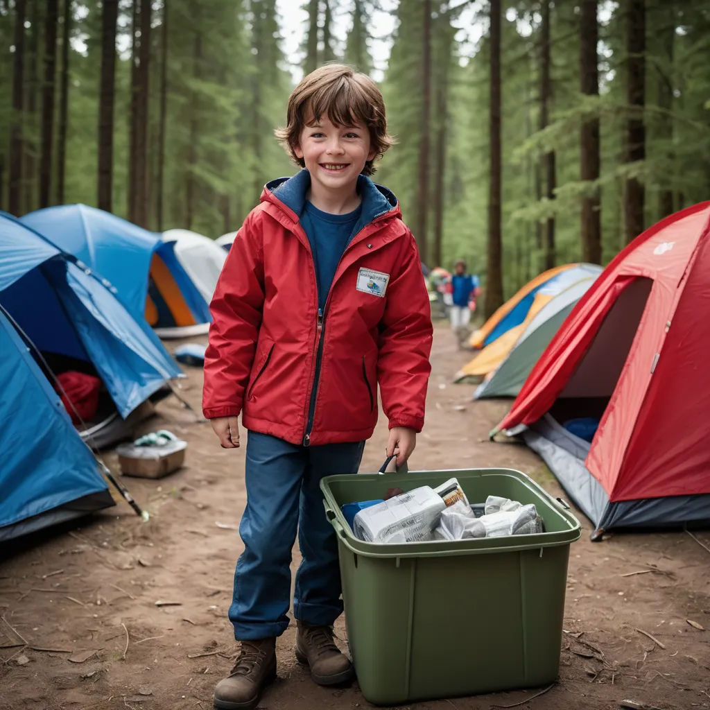 a boy standing next to a green container filled with tissues in a forest with tents in the background and trees, vancouver school, a character portrait, Eden Box, promotional image