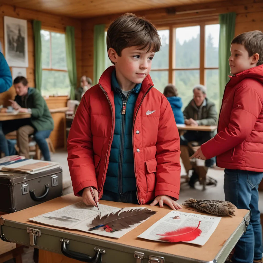 a boy in a red jacket standing at a table with a piece of paper and a suitcase in front of him, arts and crafts movement, a storybook illustration, Christian Hilfgott Brand, promotional image