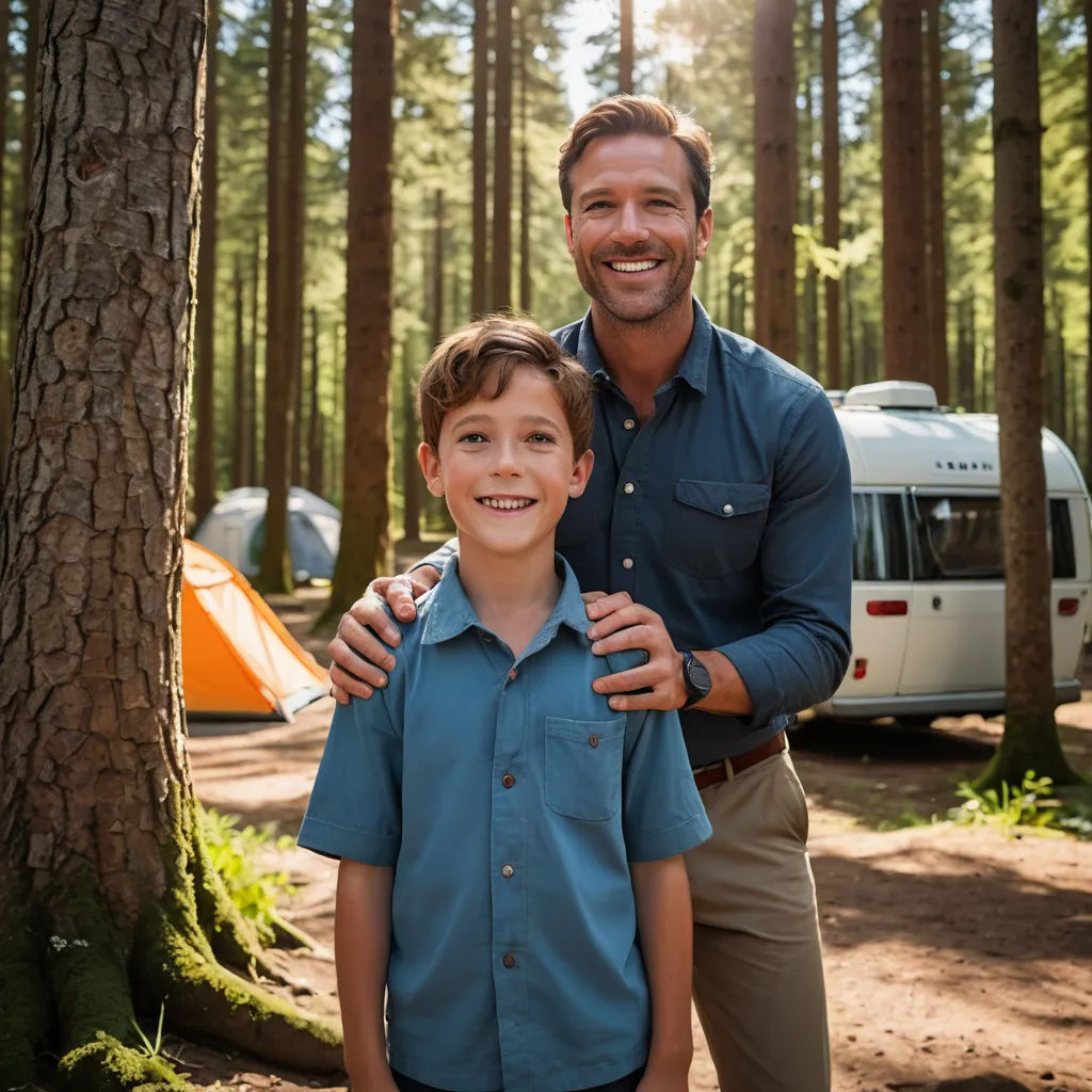 a man and a boy standing in the woods near a camp site with a camper in the background, private press, a stock photo, Christian Hilfgott Brand, promotional image
