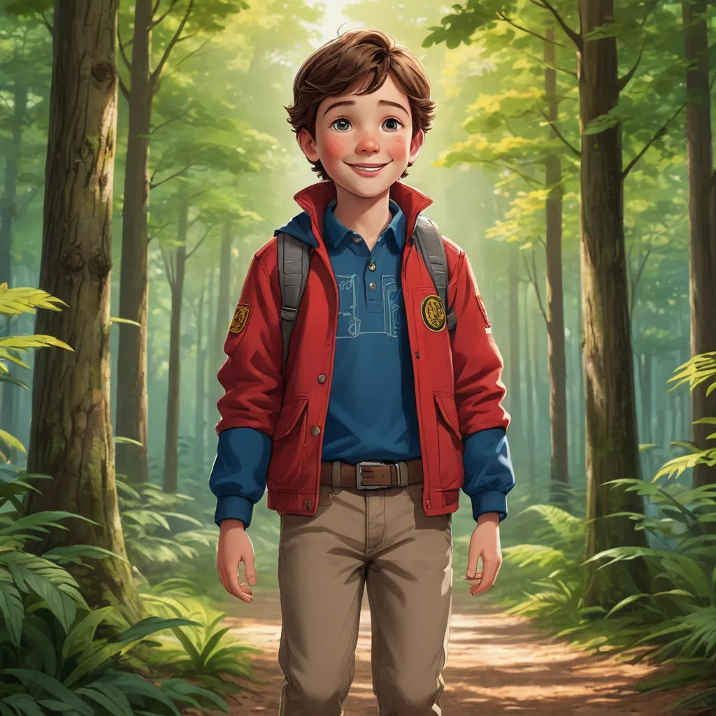 a painting of a boy in a red jacket and tan pants standing in a forest with a trail leading to him, sots art, concept art, Cliff Childs, official art