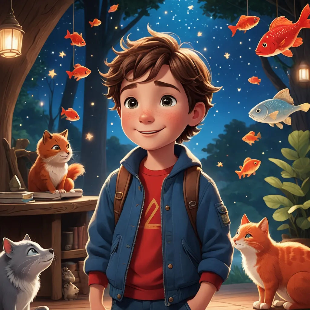 a boy standing in front of a forest with cats and fish in it's mouth and a fish bowl in the background, sots art, a storybook illustration, Aaron Jasinski, fireflies
