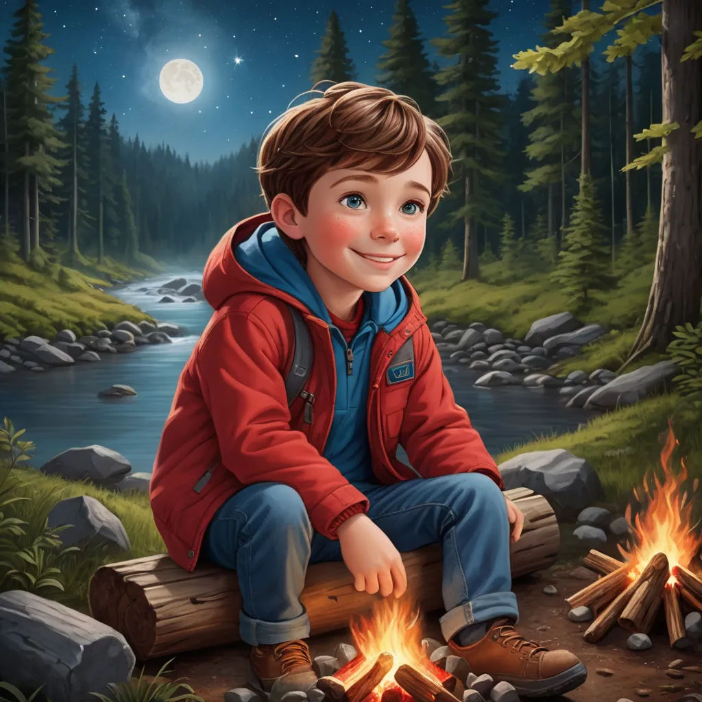 a boy sitting on a log next to a campfire with a full moon in the background and a river running through the woods, american scene painting, a storybook illustration, Chris LaBrooy, highly detailed digital painting