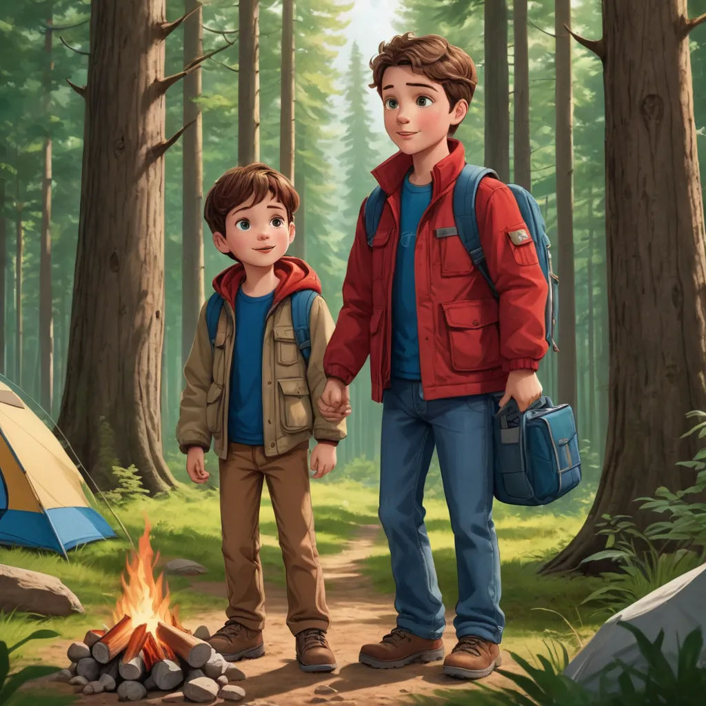 a boy and a boy holding hands while standing in front of a campfire in the woods with a tent, sots art, a storybook illustration, Brothers Hildebrandt, official art