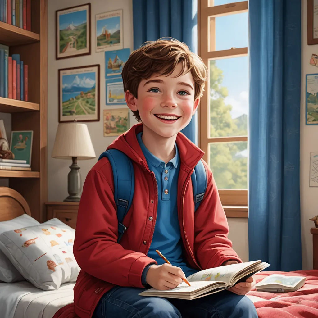 a boy sitting on a bed with a book in his hand and smiling at the camera, with a book open in front of him, photorealism, a storybook illustration, Chris LaBrooy, ultra realistic illustration