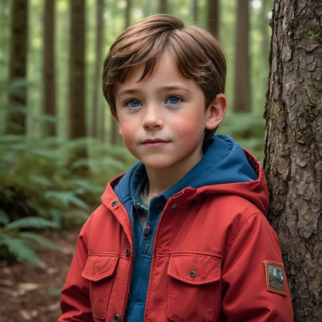 a young boy standing next to a tree in a forest with lots of trees and ferns on the ground, vancouver school, a character portrait, Evan Charlton, promotional image