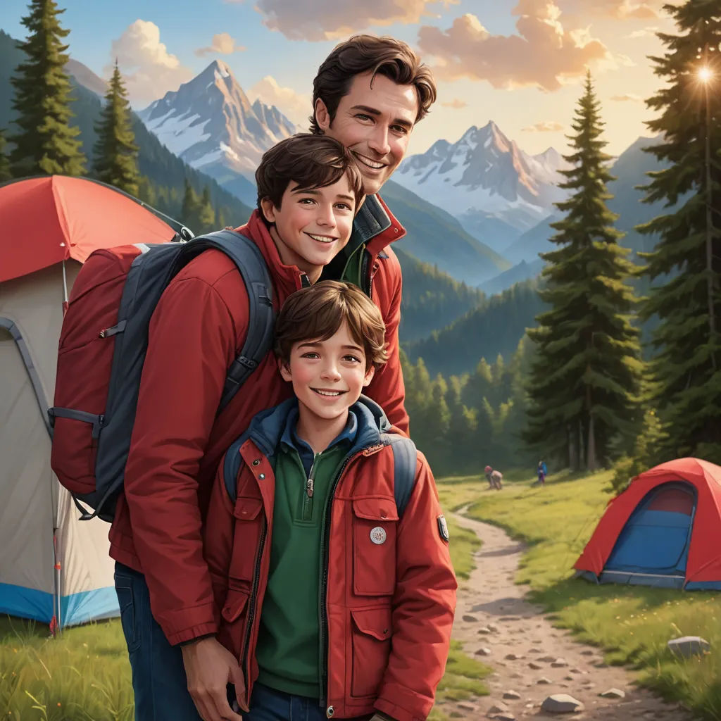 a painting of two boys and a man in a red jacket and a backpack standing in front of a tent, american scene painting, a storybook illustration, Brothers Hildebrandt, magic the gathering artwork