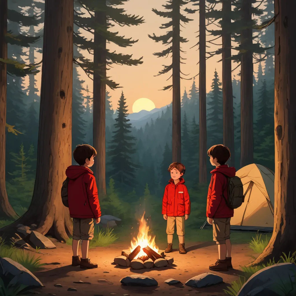 two boys standing in front of a campfire in the woods with a tent in the background and a tent in the foreground, american scene painting, concept art, Dan Mumford, official art
