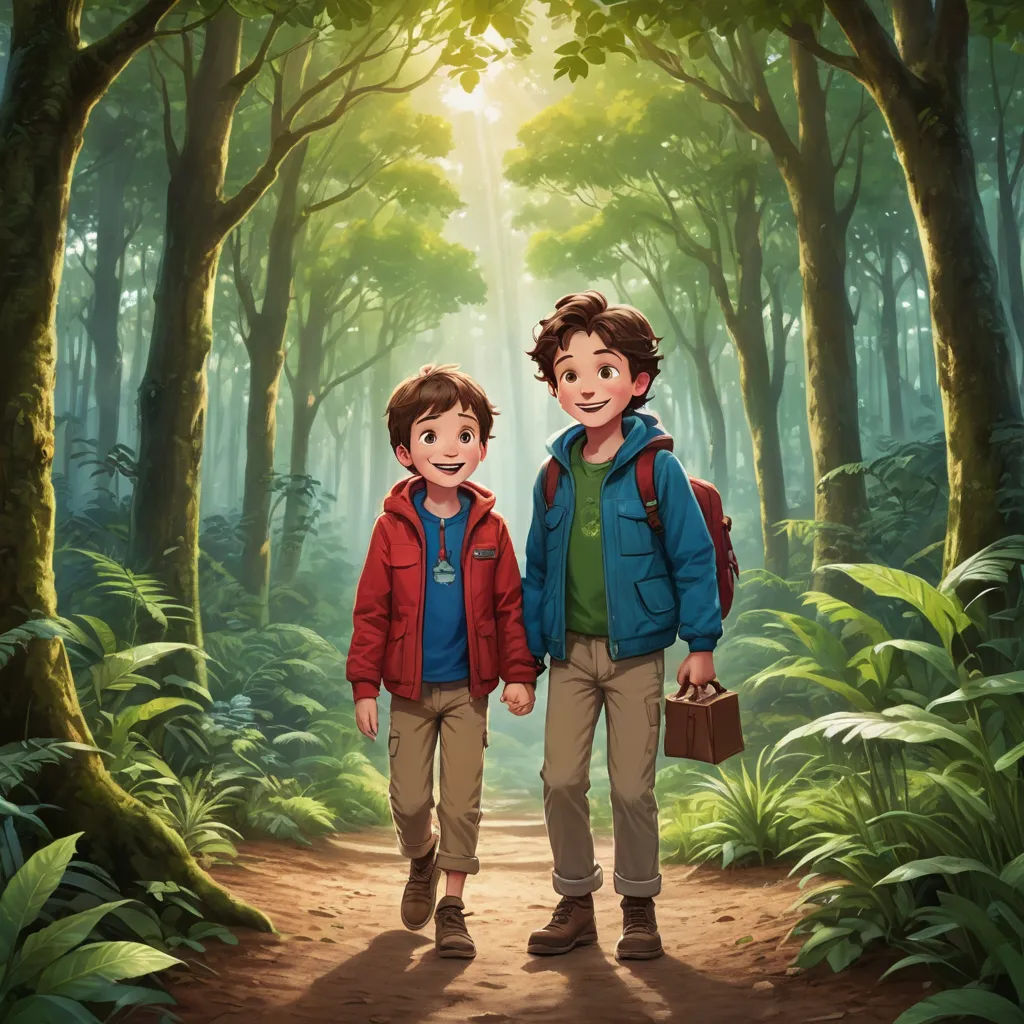 a painting of two boys walking in a forest with a backpack on their shoulders and a suitcase on their shoulder, les automatistes, a digital painting, Brothers Hildebrandt, official art