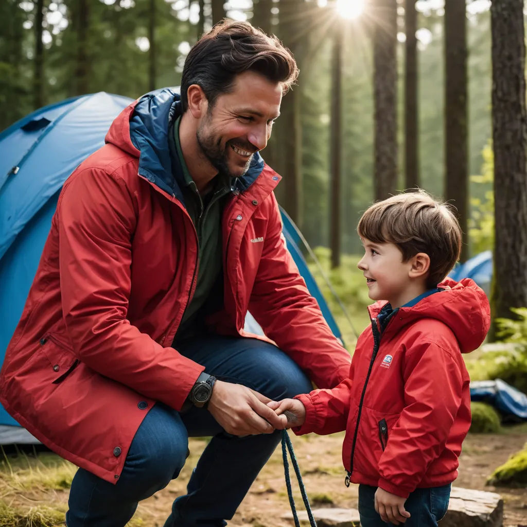 a man and a child are camping in the woods together, with a tent in the background and a tent in the foreground, neoism, a stock photo, Christian Hilfgott Brand, product photo