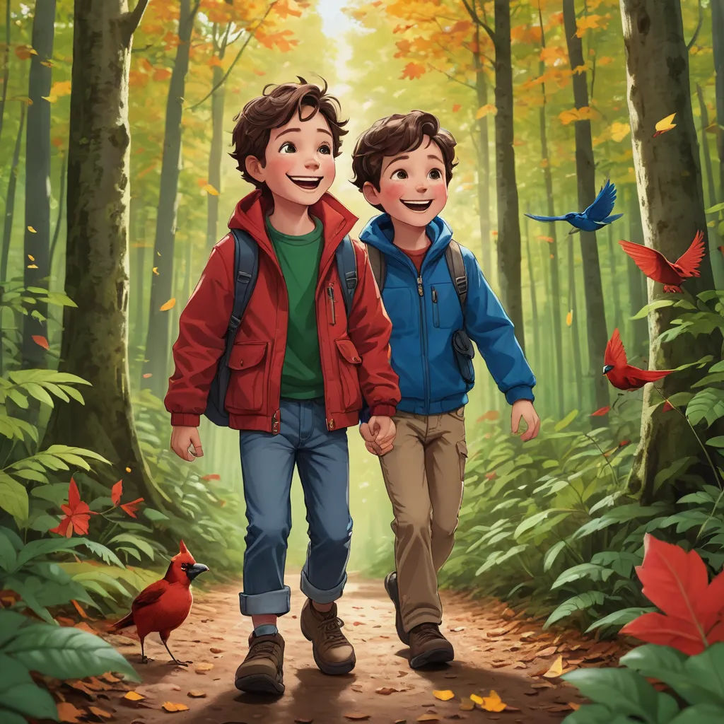 a painting of two boys walking in the woods with a bird flying by them and a bird flying by them, vancouver school, a storybook illustration, Diego Gisbert Llorens, promotional image
