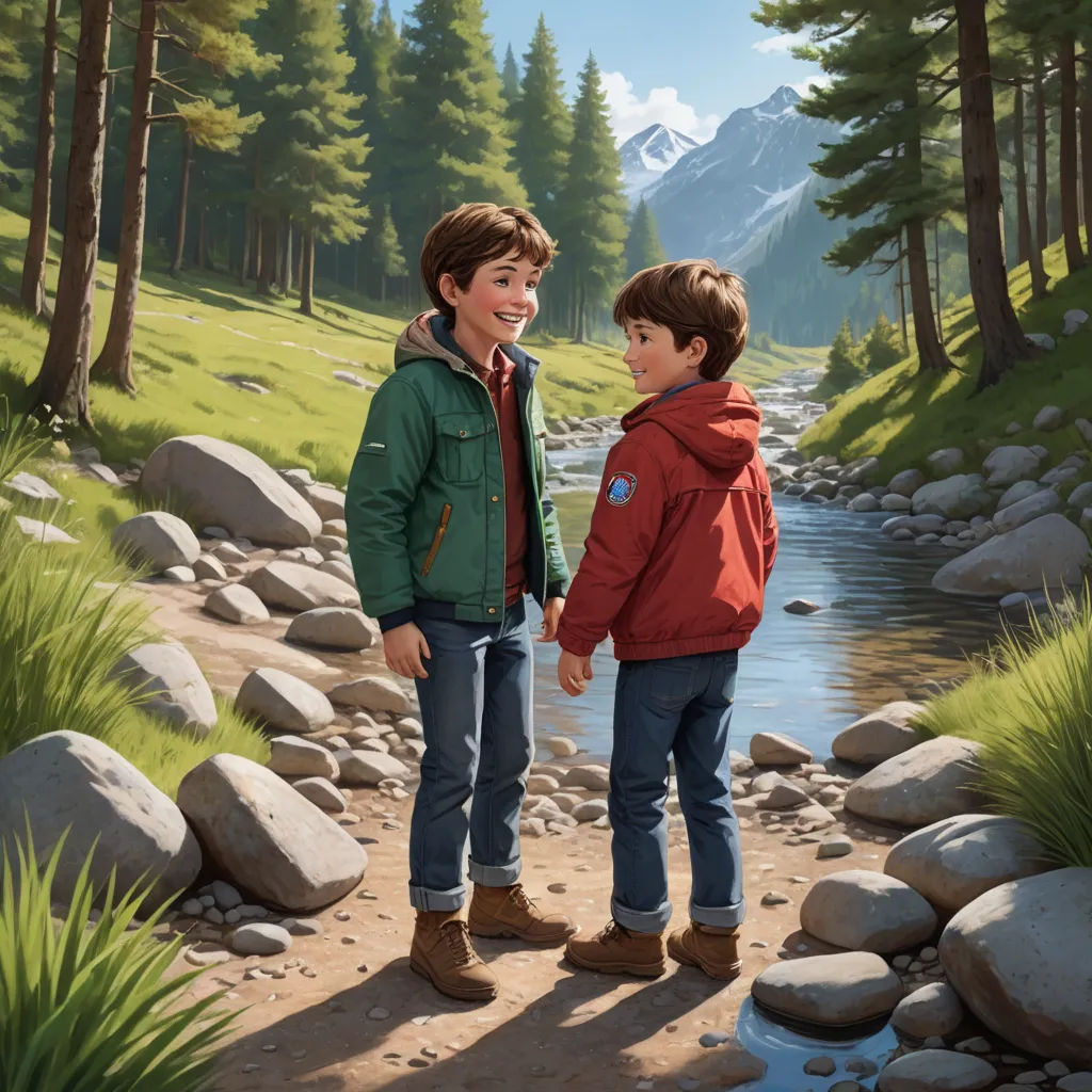 a painting of two boys standing on a path near a stream and trees, with mountains in the background, american scene painting, a storybook illustration, Brothers Hildebrandt, official art