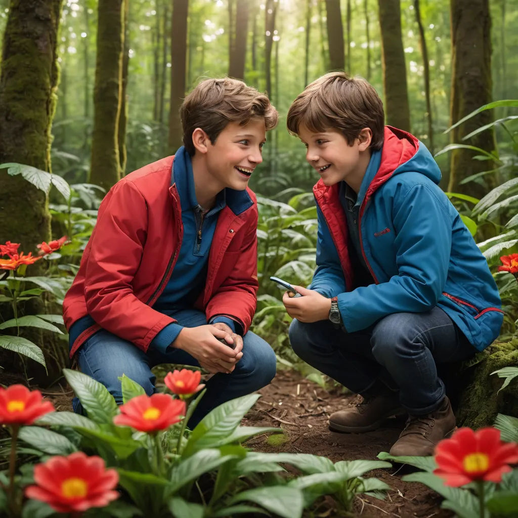 two boys are sitting in the woods and smiling at each other while they are looking at something on the phone, les automatistes, a stock photo, Eric de Kolb, promotional image