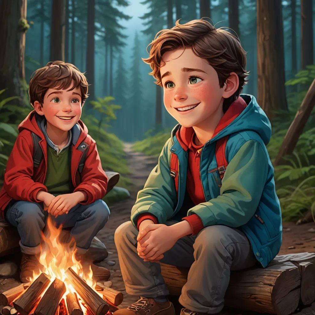two boys sitting next to a campfire in the woods, one smiling and the other looking at the camera, sots art, a storybook illustration, Brothers Hildebrandt, official art