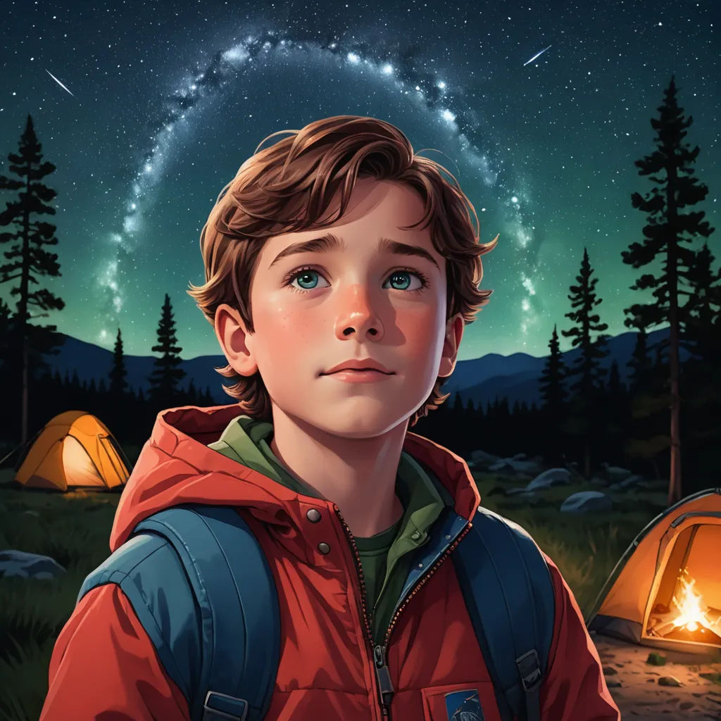 a boy in a red jacket standing in front of a campfire and a tent at night with a full moon, space art, poster art, Dan Mumford, affinity photo