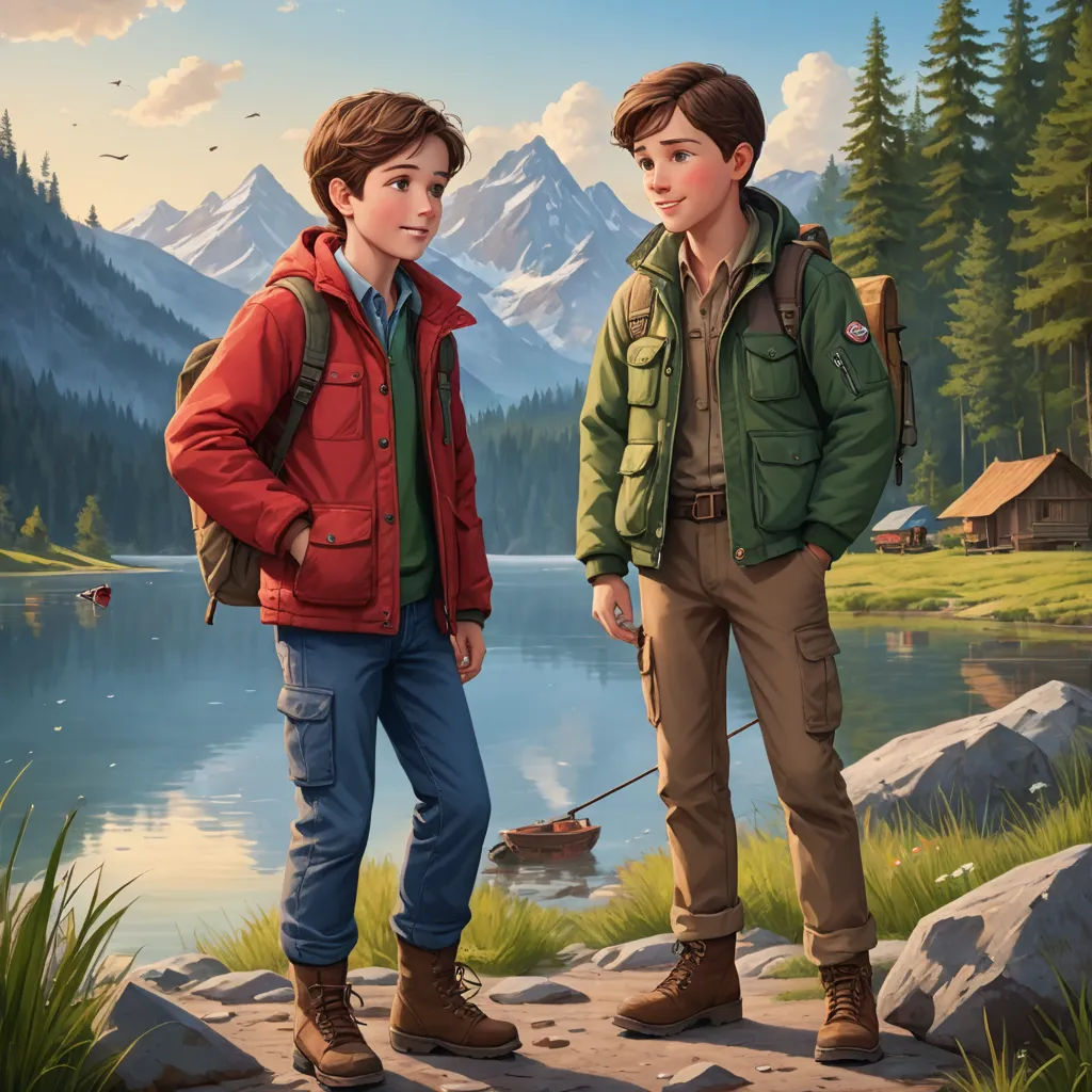 a painting of two boys standing next to each other on a mountain lake with a fishing net in his hand, sots art, a storybook illustration, Brothers Hildebrandt, official art