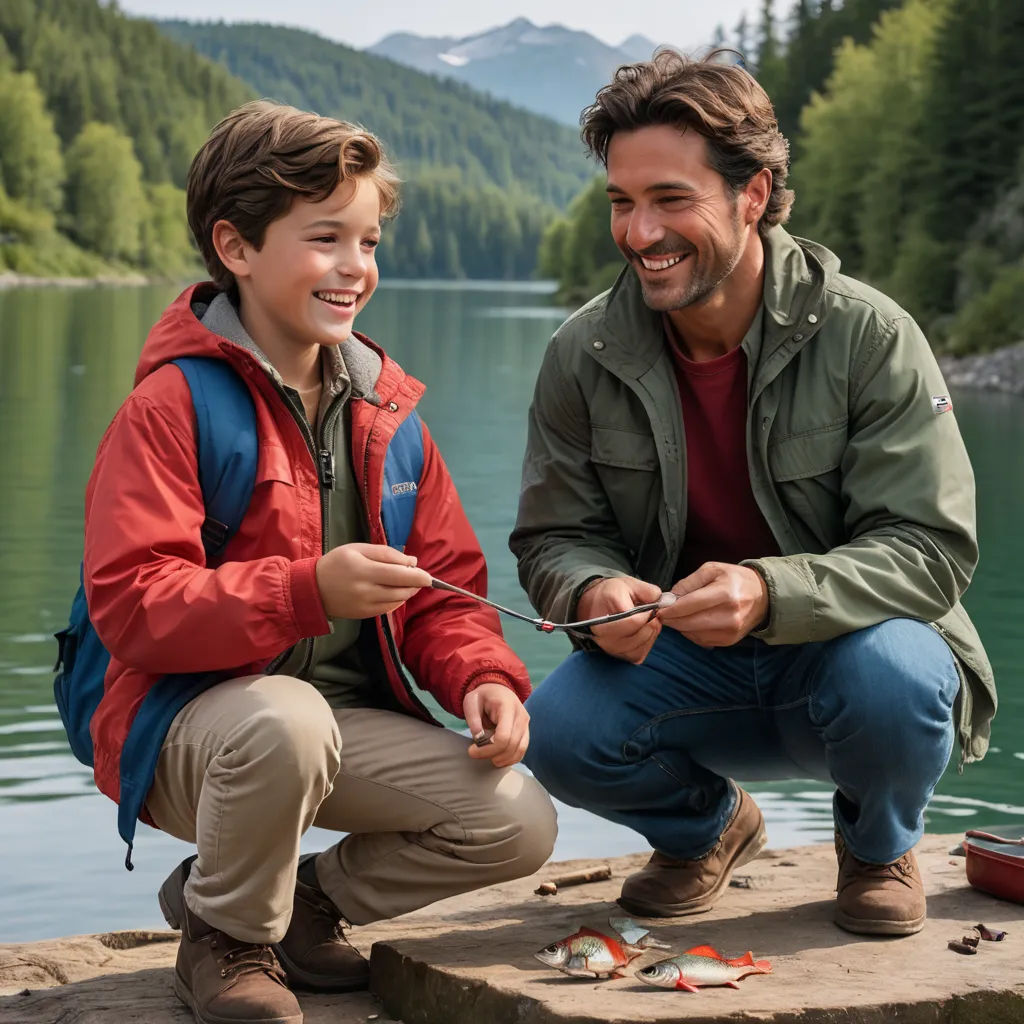 a man and a boy are fishing on a lake together, with mountains in the background and trees in the foreground, heidelberg school, a stock photo, Christian Hilfgott Brand, promotional image