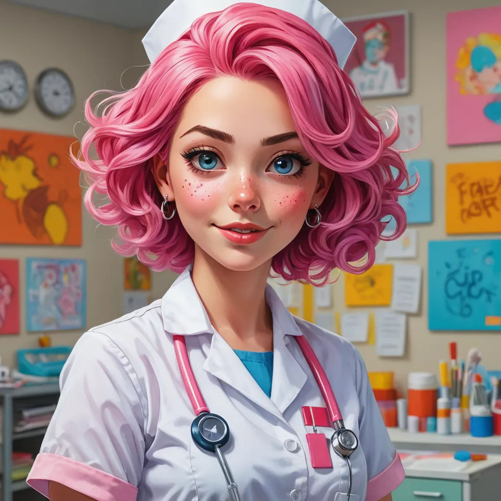 a cartoon nurse with pink hair and a stethoscope on her chest and a stethoscope in her hand, photorealism, a character portrait, Artgerm, ultra realistic digital art