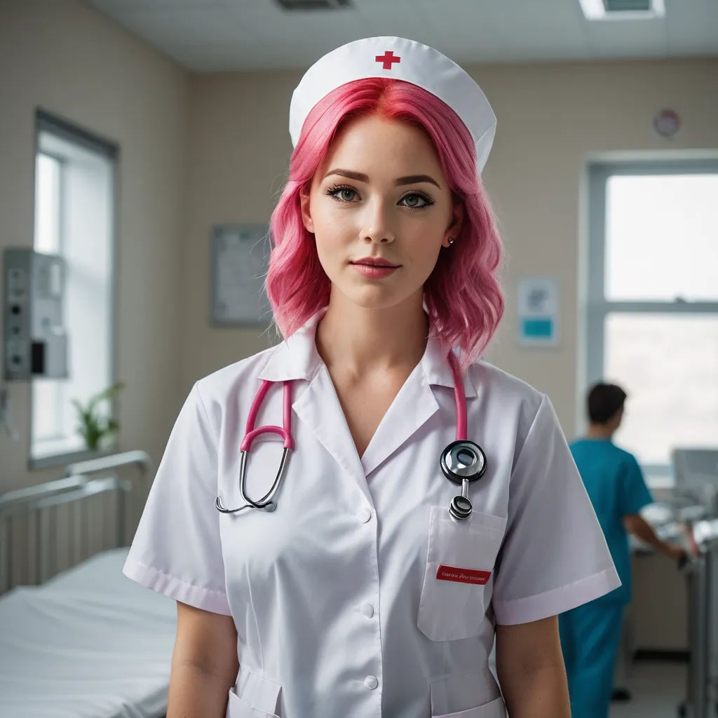 a woman in a hospital gown with a stethoscope on her head and a nurse in the background, sots art, a stock photo, Elina Karimova, promotional image