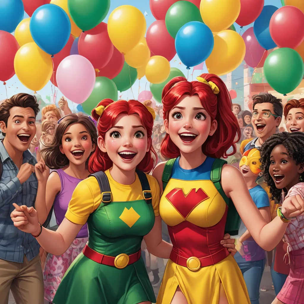 a group of people standing next to each other with balloons in the air above them and a woman in a costume, antipodeans, concept art, disney, official art