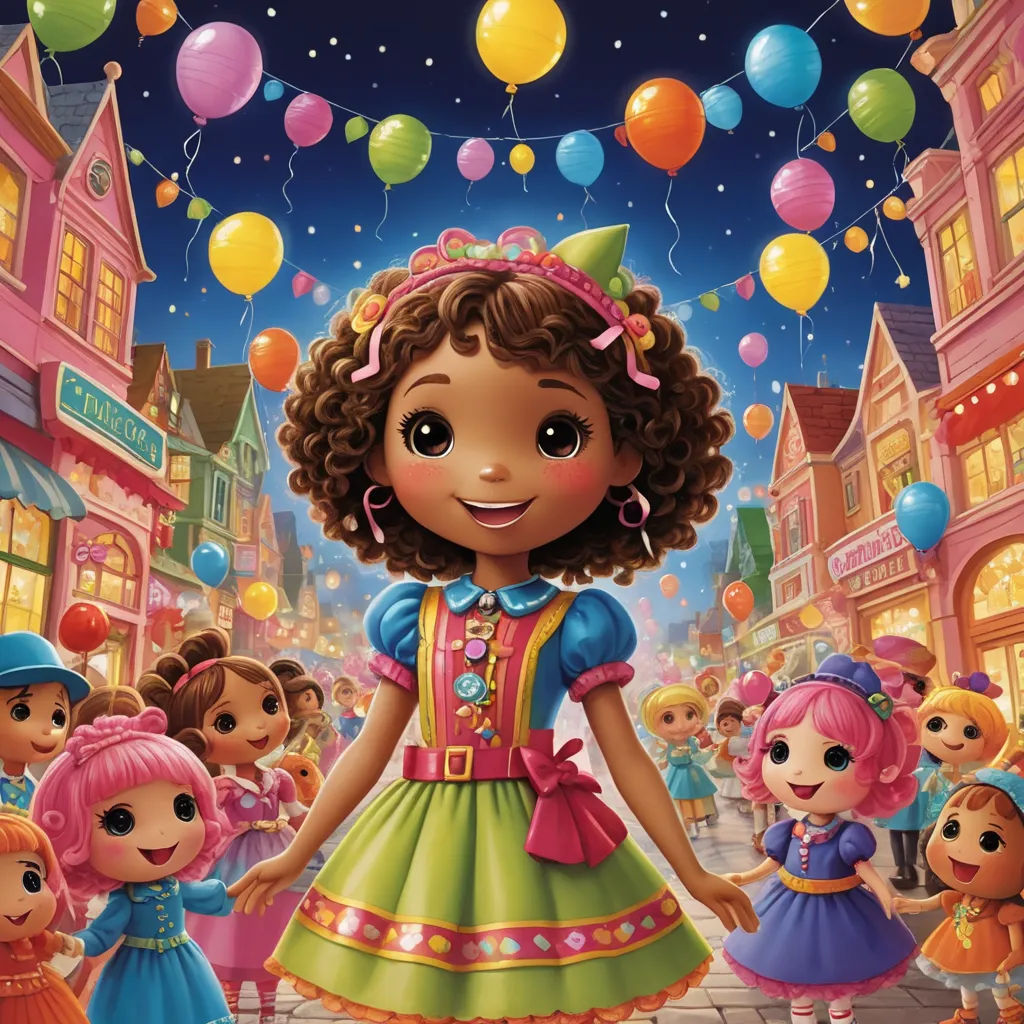 a cartoon girl in a dress standing in front of a crowd of children with balloons in the air above her, pop surrealism, a storybook illustration, Araceli Gilbert, promotional image