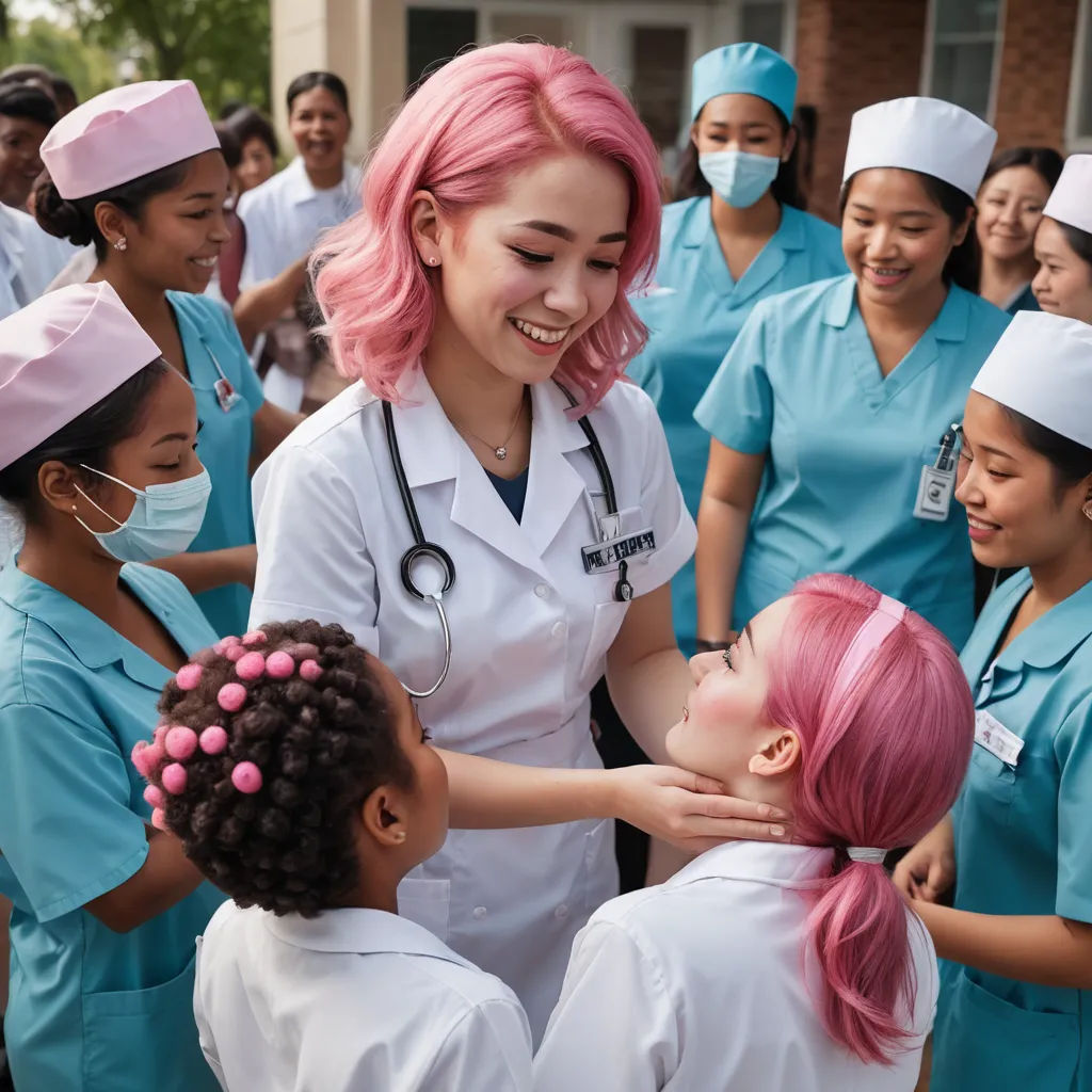 a group of nurses standing around a little girl with pink hair and a stethoscope on her face, neoplasticism, a renaissance painting, Cao Zhibai, promotional image