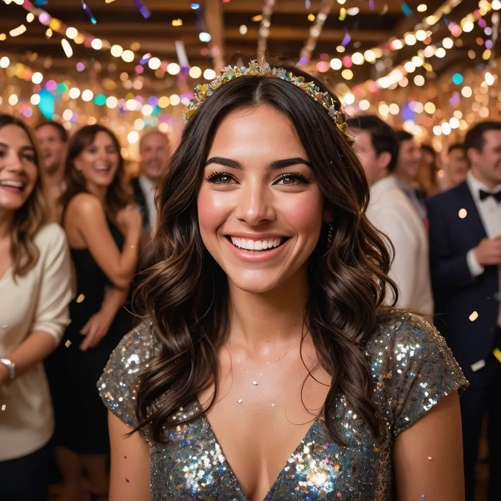 a woman in a party with a tiara smiling for the camera with a group of people in the background, arabesque, a stock photo, Emma Ríos, promotional image