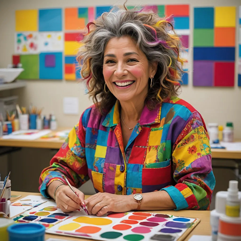 a woman sitting at a table with a colorful painting on it's surface and a paintbrush in her hand, naive art, a character portrait, Betye Saar, studio portrait