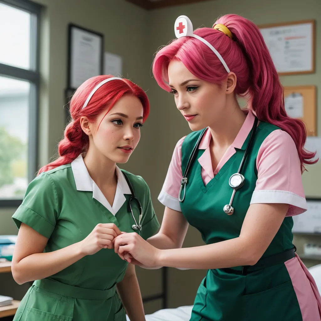 two women in green uniforms are standing together in a room with a window and a desk with a computer, remodernism, a stock photo, Artgerm, cosplay