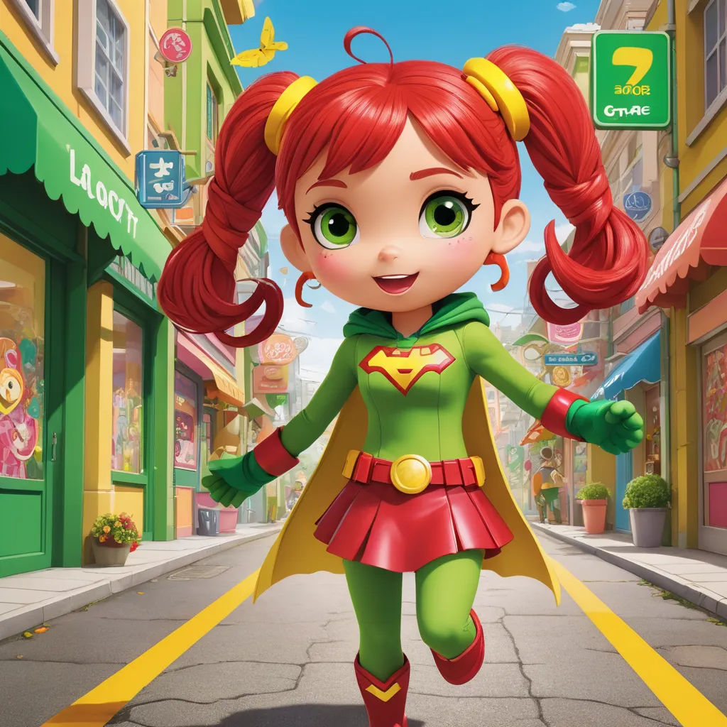 a cartoon girl in a green and red outfit is walking down a street with a yellow arrow in her hand, pop surrealism, a comic book panel, Diego Gisbert Llorens, promotional image