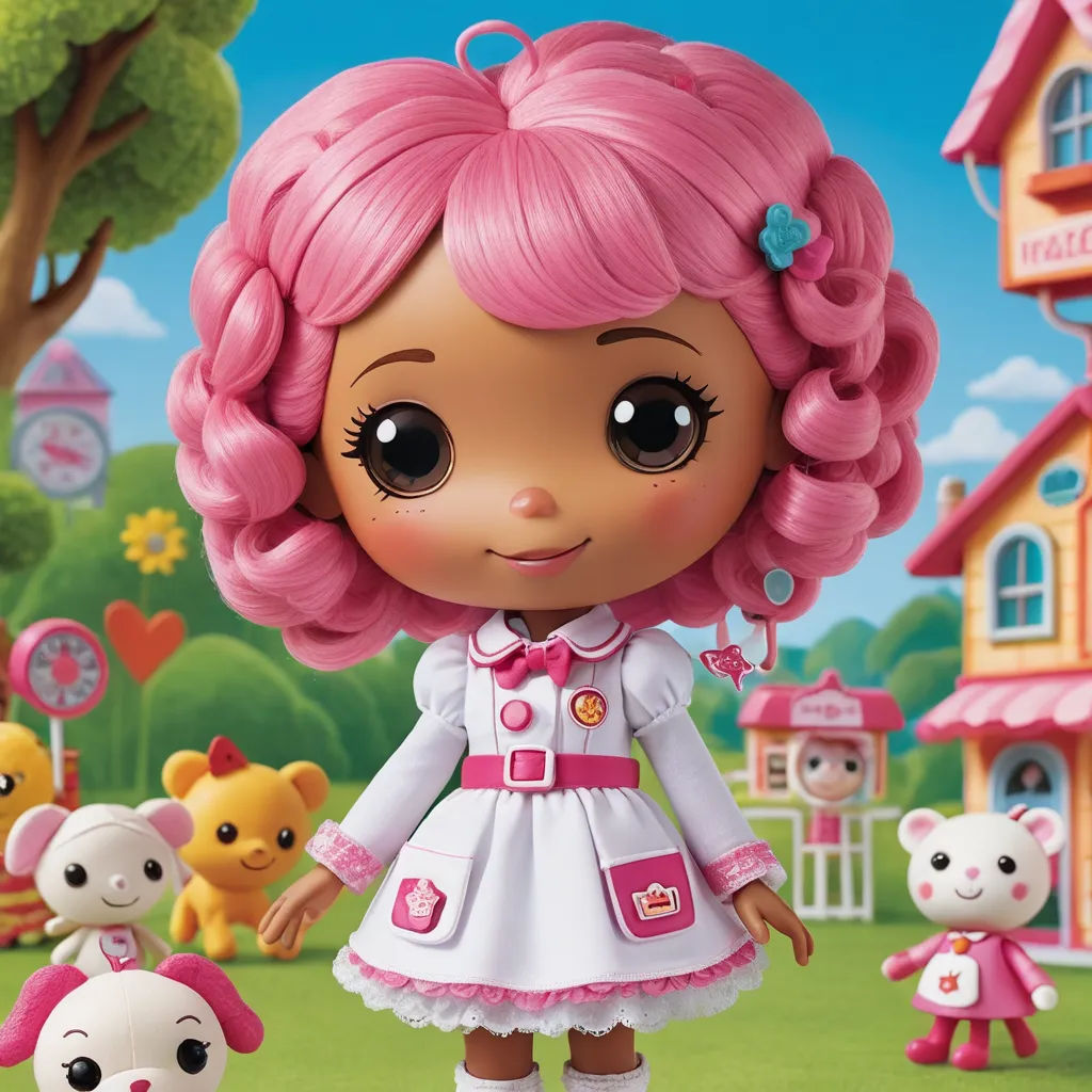 a little girl with pink hair standing in front of a bunch of stuffed animals and a pink house with a pink roof, neoclassicism, a character portrait, Ada Gladys Killins, promotional image