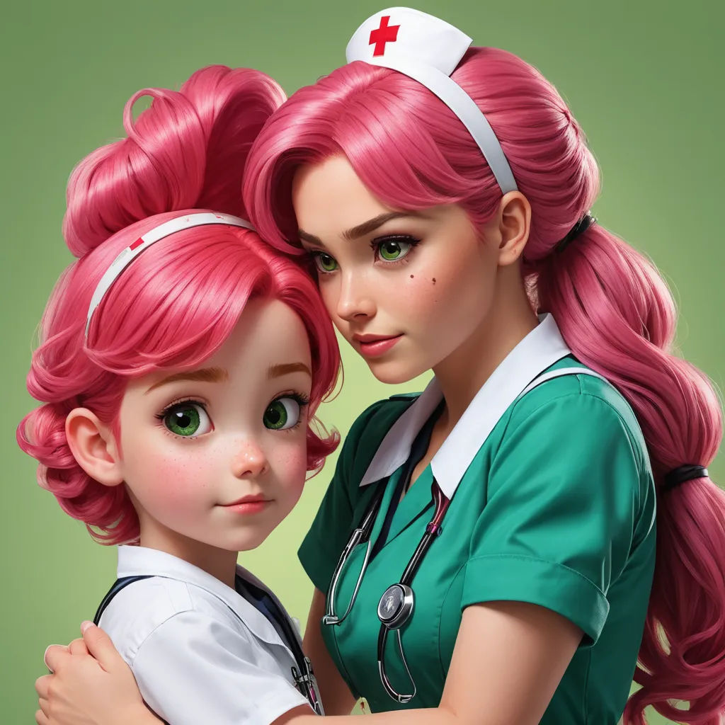 a digital painting of two nurses hugging each other with a green background behind them, the image is of a young girl with pink hair and a nurse's cap, remodernism, a photorealistic painting, Artgerm, highly detailed digital painting