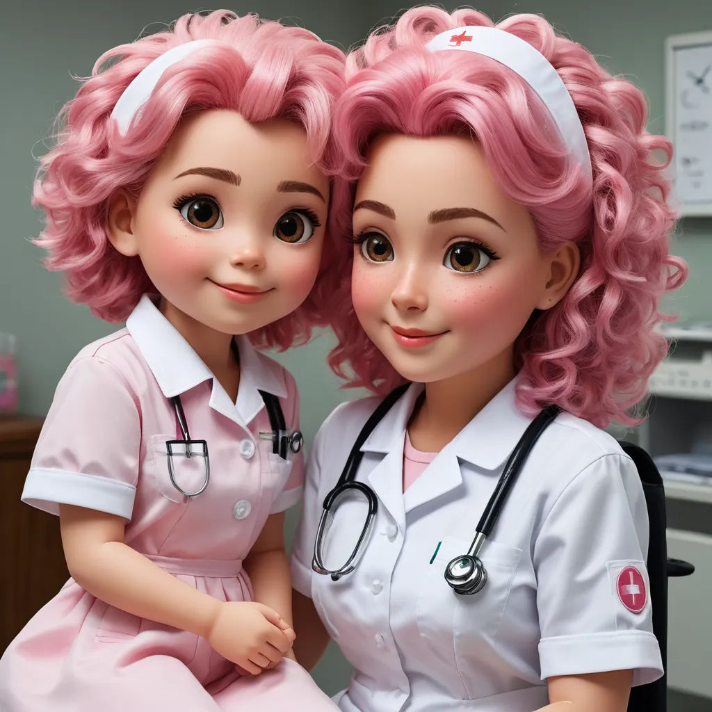 two dolls of a nurse and a nurse sitting next to each other in a room with a clock on the wall, remodernism, a digital rendering, Brigette Barrager, ultra realistic faces