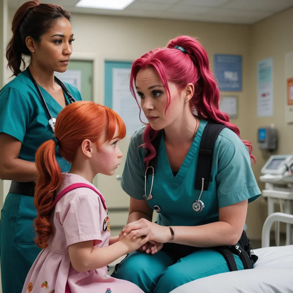 a nurse and a little girl in a hospital room together, talking to each other and smiling at each other, american realism, a renaissance painting, Brigette Barrager, promotional image