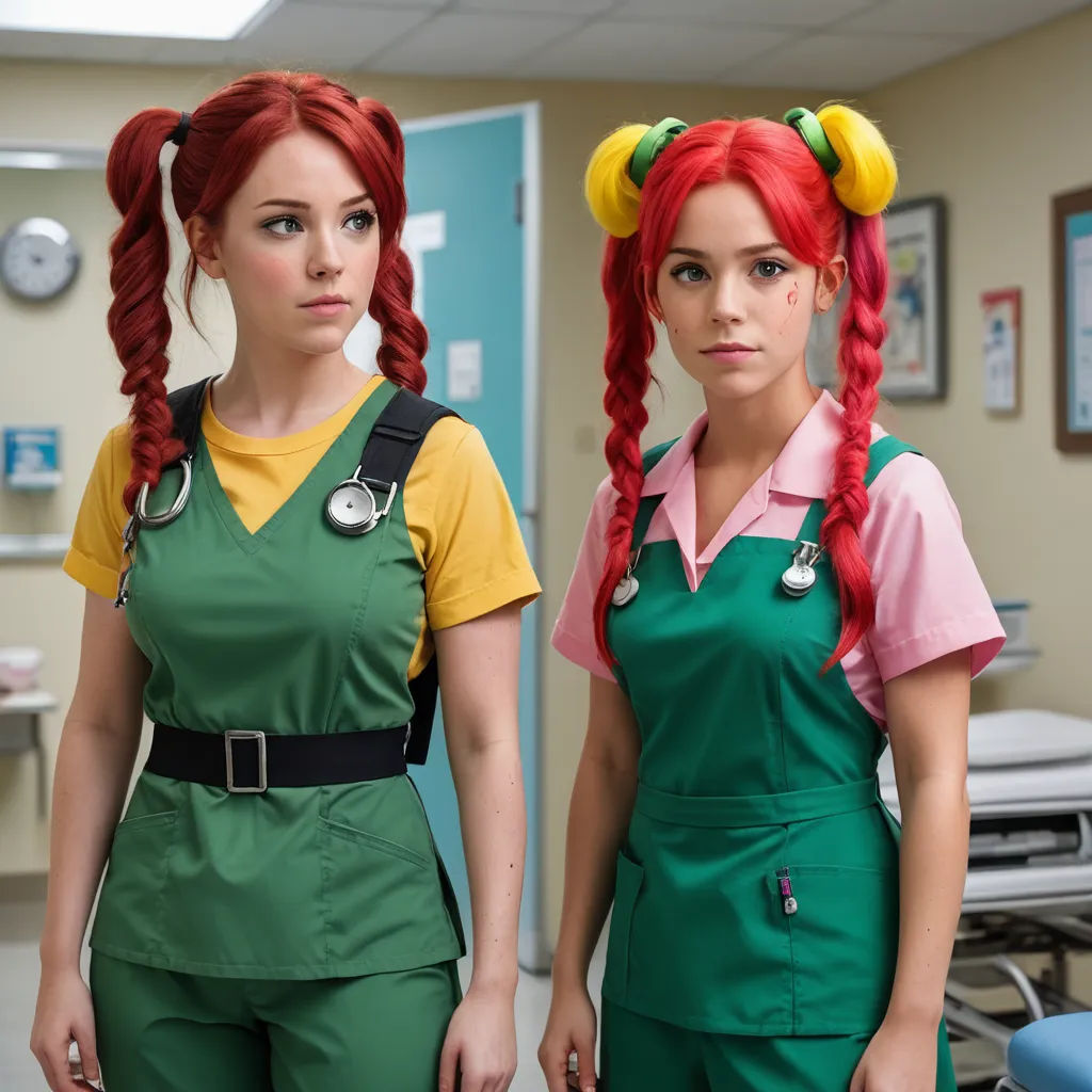 two women in green and yellow uniforms standing next to each other in a room with a blue chair and a blue table, verdadism, concept art, Ada Gladys Killins, promotional image